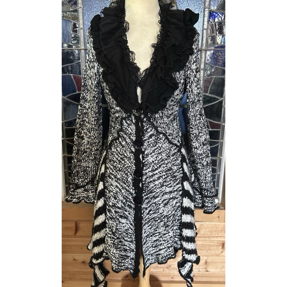 PRETTY ANGEL Black & White Cardigan Ruffle Collar Asymmetrical Hemline Artsy